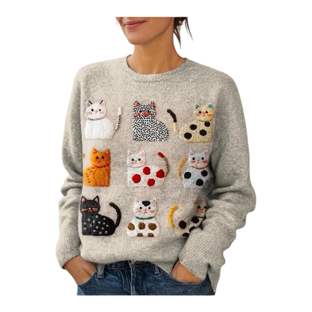 Gray Sweater with Colorful Cat Designs cozy winter sweater many sizes available - Picture 2 of 2